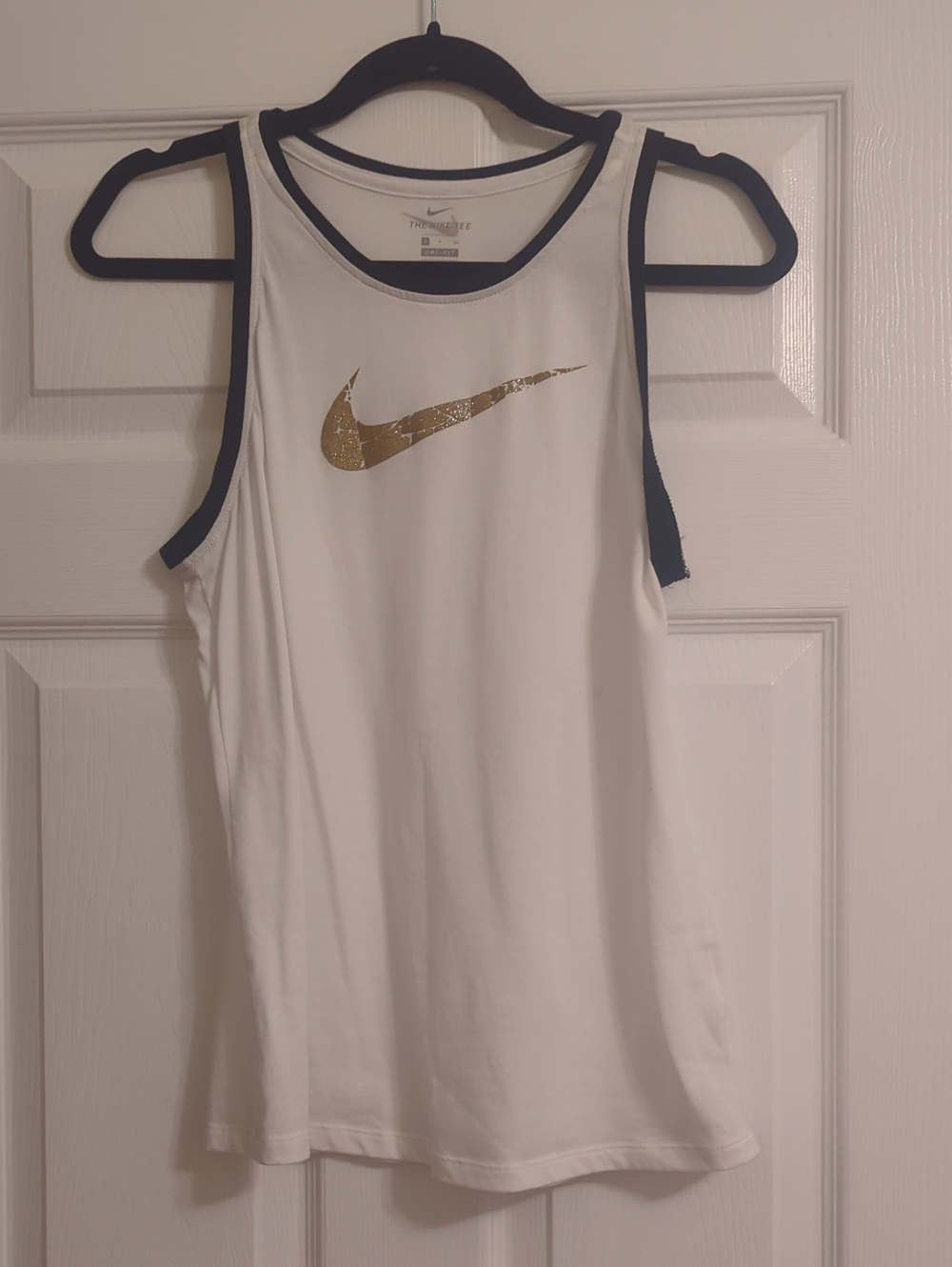 Nike White Performance Tank with Gold Swoosh and Black Trim